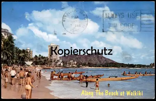 ÄLTERE POSTKARTE WAIKIKI ALONG THE BEACH TRADITIONAL BOAT HAWAII HONOLULU Einbaum Dug out Pirogue Plage cpa postcard AK