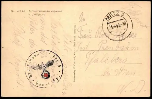 ALTE POSTKARTE METZ SPRINGBRUNNEN DER ESPLANADE & JUSTIZPALAST Feldpost 1943 Fontaine Palais cpa postcard Ansichtskarte