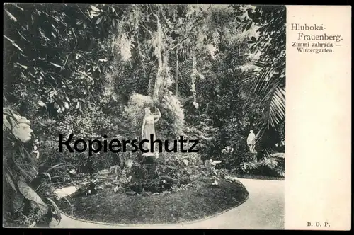 ALTE POSTKARTE HLUBOKÁ-FRAUENBERG WINTERGARTEN Zimmi zahrada Hluboká nad Vltavou Frauenberg Ceska Czech Park parc Woman