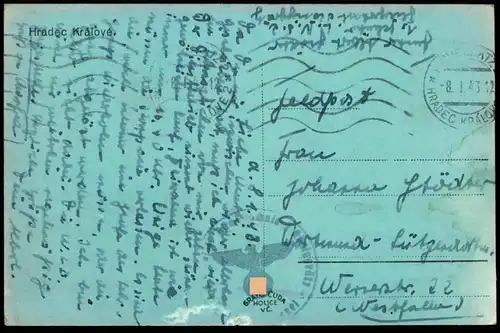 ALTE POSTKARTE HRADEC KRALOVE FELDPOST 1943 STEMPEL FLIEGERHORST VERFASSER BESCHREIBT DIENSTBETRIEB Königgrätz postcard