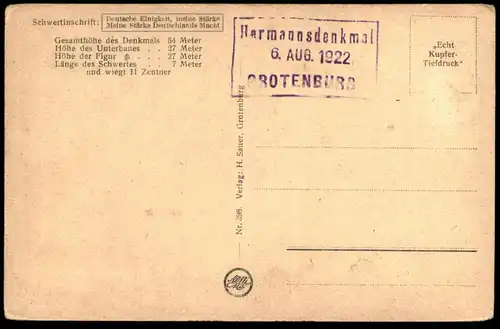 ALTE POSTKARTE BISMARCKSTEIN HERMANNSDENKMAL TEUTOBURGER WALD BEI DETMOLD Stempel Grotenburg 06.08.1922 cpa postcard