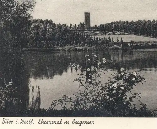 ÄLTERE POSTKARTE GELSENKIRCHEN BUER WESTFALEN EHRENMAL MIT BERGERSEE BERGE cpa postcard AK Ansichtskarte