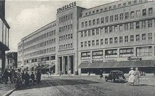 ÄLTERE POSTKARTE GELSENKIRCHEN Hauptbahnhof Alter Markt Sparkasse Bahnhofstrasse WEKA Kaufhaus Strassenbahn Tram tramway