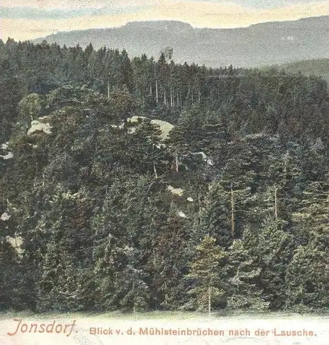 ALTE POSTKARTE JONSDORF BLICK VON DEN MÜHLSTEINBRÜCHEN NACH DER LAUSCHE Zittau Sachsen Steinbruch Mühlsteinbruch AK cpa