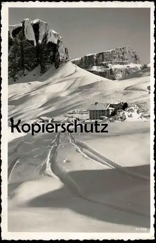 ALTE POSTKARTE RIFUGIO PASSO SELLA GRUPPO 1936 Dolomiti Stempel Club Alpino Italiano Italia Italy Mountain Winter Snow