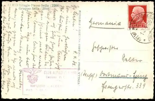 ALTE POSTKARTE RIFUGIO PASSO SELLA GRUPPO 1936 Dolomiti Stempel Club Alpino Italiano Italia Italy Mountain Winter Snow