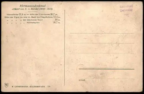 ALTE POSTKARTE TEUTOBURGER WALD HERMANNSDENKMAL ERBAUT E. V. BANDEL Monument Stempel Bahnhof Detmold postcard cpa AK