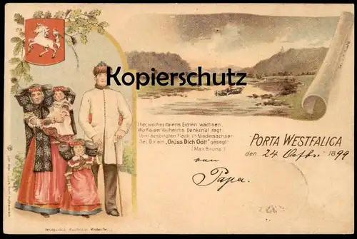 ALTE LITHO POSTKARTE TRACHT PORTA WESTFALICA 1899 TRACHT WAPPEN Coat of arms traditional costume folclorique postcard AK