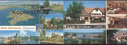 ÄLTERE WERBEKARTE INSEL REICHENAU CAFÉ GRILLBAR LÖWEN Gewächshaus Oberzell Niederzell Klappkarte Greenhouse Serre AK cpa