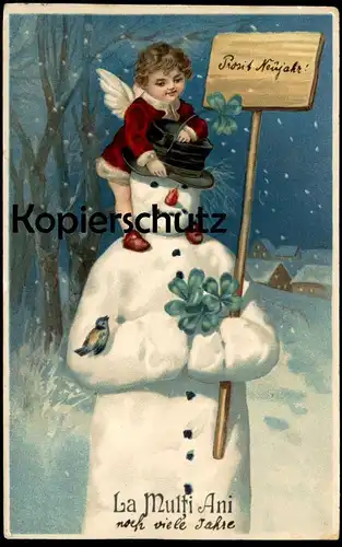 ALTE POSTKARTE LA MULTI ANI Prosit Neujahr new year nouvel an Engel Schneemann Angel Snowman Ange Bonhomme de neige cpa