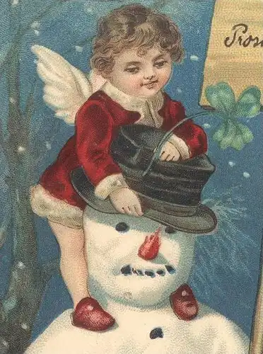 ALTE POSTKARTE LA MULTI ANI Prosit Neujahr new year nouvel an Engel Schneemann Angel Snowman Ange Bonhomme de neige cpa