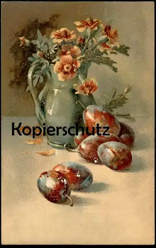 ALTE KÜNSTLER POSTKARTE STILLLEBEN KRUG & PFLAUME Pflaumen Blumen Plum Jug Pitcher Prune Cruche art postcard Stilleben