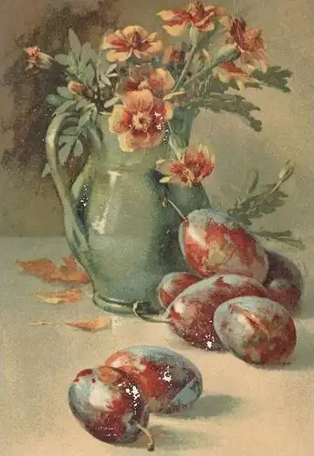 ALTE KÜNSTLER POSTKARTE STILLLEBEN KRUG & PFLAUME Pflaumen Blumen Plum Jug Pitcher Prune Cruche art postcard Stilleben