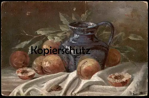 ALTE KÜNSTLER POSTKARTE STILLLEBEN KRUG & APRIKOSE Apricot jug pitcher Abricot cruche cpa art postcard Stilleben Kunst