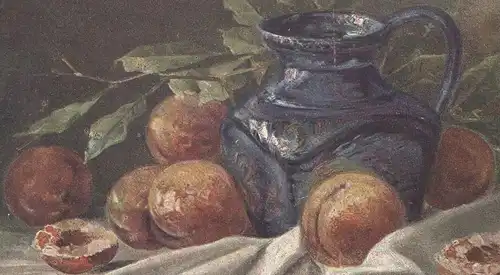 ALTE KÜNSTLER POSTKARTE STILLLEBEN KRUG & APRIKOSE Apricot jug pitcher Abricot cruche cpa art postcard Stilleben Kunst