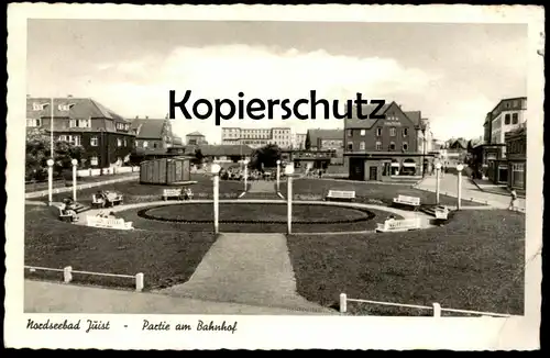 ÄLTERE POSTKARTE NORDSEE-BAD JUIST PARTIE AM BAHNHOF 1958 station gare North Sea Mi. Nr. 286 Jugendmarke cpa postcard AK