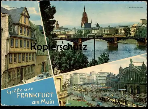 POSTKARTE FRANKFURT AM MAIN MAINUFER MIT DOM HAUPTBAHNHOF GOETHE-HAUS CITROEN 2CV VOLKSWAGEN Bahnhof Strassenbahn Tram