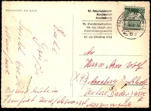 POSTKARTE FRANKFURT AM MAIN MAINUFER MIT DOM HAUPTBAHNHOF GOETHE-HAUS CITROEN 2CV VOLKSWAGEN Bahnhof Strassenbahn Tram