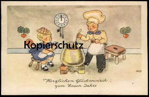 ALTE POSTKARTE KINDER KOCHEN BOWLE KOCH NEUJAHR enfants children new year nouvel an bouillir cook cooking cuisinier