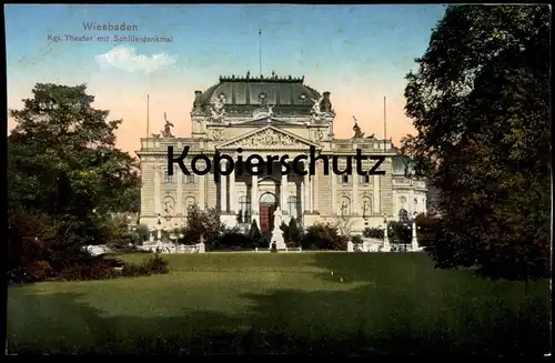 ALTE POSTKARTE WIESBADEN KÖNIGLICHES THEATER MIT SCHILLERDENKMAL Schiller Statue monument théatre postcard Ansichtskarte
