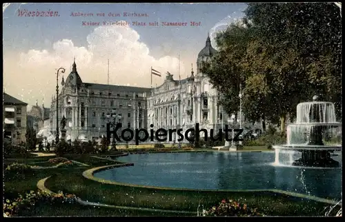ALTE POSTKARTE WIESBADEN KAISER-FRIEDRICH-PLATZ MIT HOTEL NASSAUER HOF Brunnen fountain fontaine cpa postcard AK