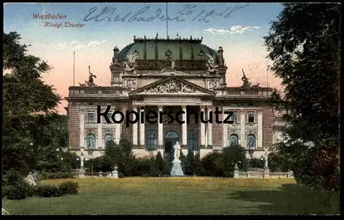 ALTE POSTKARTE WIESBADEN KÖNIGLICHES THEATER MIT SCHILLER-STATUE Denkmal monument théatre cpa postcard Ansichtskarte AK