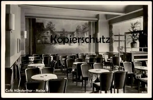 ALTE POSTKARTE MAINZ CAFÉ MÜNSTERTHOR KONDITOREI 1940 INHABER FRITZ FETT mit Gemälde Mayence Ansichtskarte AK postcard