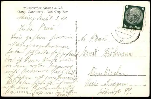 ALTE POSTKARTE MAINZ CAFÉ MÜNSTERTHOR KONDITOREI 1940 INHABER FRITZ FETT mit Gemälde Mayence Ansichtskarte AK postcard