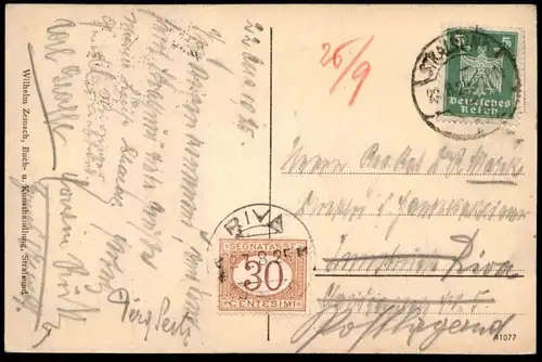 ALTE POSTKARTE STRALSUND NIKOLAIKIRCHE & RATHAUS 1925 SEGNATASSE 30 CENTESIMI NACH RIVA cpa postcard Ansichtskarte AK