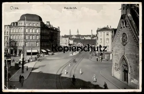 ALTE POSTKARTE GERA PLATZ DER XX 1942 FALKEN-DROGERIE Straßenbahn Tram Tramway Deutsche Dienstpost Ukraine postcard cpa