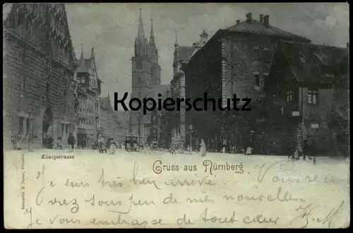 ALTE MONDSCHEIN POSTKARTE GRUSS AUS NÜRNBERG KÖNIGSTRASSE Pferdebahn Strassenbahn 1897 nach Paris cpa postcard AK