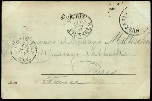 ALTE MONDSCHEIN POSTKARTE GRUSS AUS NÜRNBERG KÖNIGSTRASSE Pferdebahn Strassenbahn 1897 nach Paris cpa postcard AK