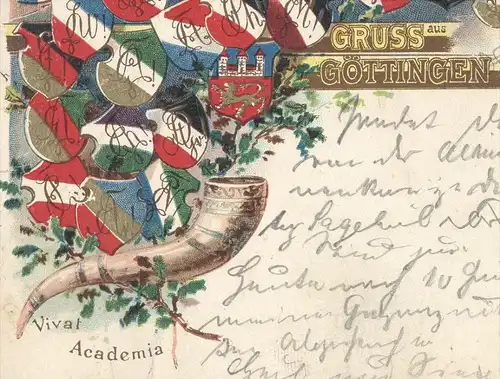 ALTE LITHO POSTKARTE GRUSS AUS GÖTTINGEN 1899 VIVAT ACADEMIA STUDENTIKA SEI'S PANIER Couleur Burschenschaft Studentica