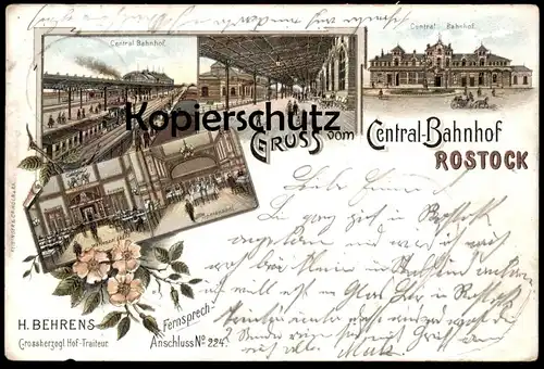 ALTE LITHO POSTKARTE GRUSS VOM CENTRAL BAHNHOF ROSTOCK 1898 Dampflok steam engine locomotive à vapeur station gare cpa