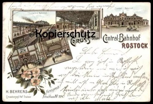 ALTE LITHO POSTKARTE GRUSS VOM CENTRAL BAHNHOF ROSTOCK 1898 Dampflok steam engine locomotive à vapeur station gare cpa