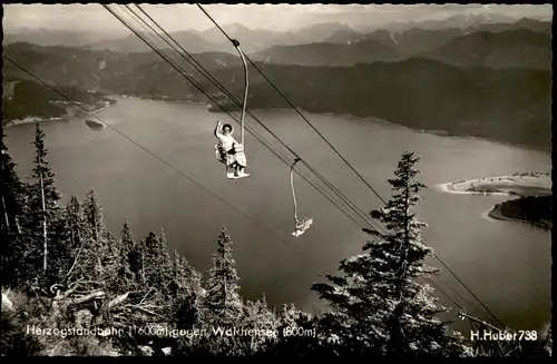 ÄLTERE POSTKARTE HERZOGSTAND gegen Walchensee b. Urfeld Sessellift chairlift télésiège Hut hat capeline AK postcard cpa