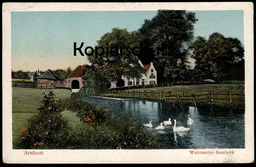 ALTE POSTKARTE ARNHEM WATERMOLEN SONSBEEK Schwäne cygne Schwan swan Arnheim molen moulin mill cpa postcard