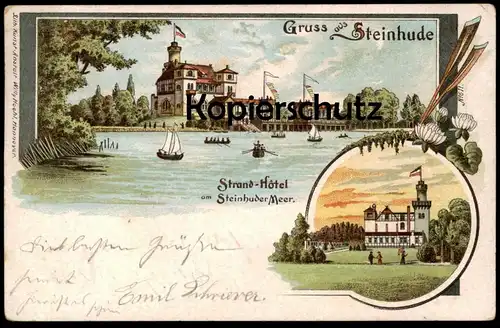 ALTE LITHO POSTKARTE GRUSS AUS STEINHUDE 1901 AM MEER STRAND HOTEL AM STEINHUDER MEER Preussische Fahne Ansichtskarte AK