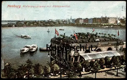 ALTE POSTKARTE HAMBURG ALSTERPANORAMA MIT ALSTERPAVILLON Schiffe Alster cpa postcard AK Ansichtskarte