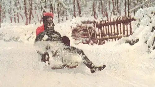 ALTE POSTKARTE SCHLITTENFAHRT MOMENTAUFNAHME WINTERSPORT 1918 SCHLITTEN PHOTOCHROMIE W. GERLING DARMSTADT Rodel luge