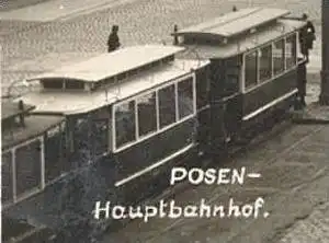 ALTE POSTKARTE POSEN POZNAN HAUPTBAHNHOF 1940 Bahnhof Strassenbahn Taxi Tram tramway station gare Feldpost cpa postcard