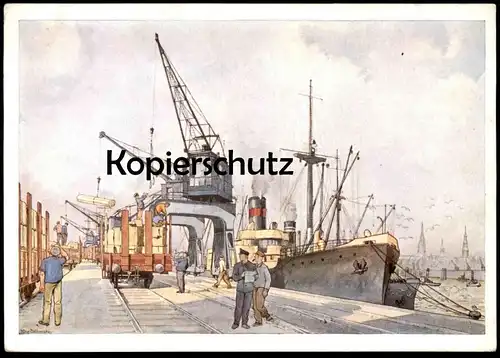 ALTE POSTKARTE DIE REICHSBAHN IM SEEHAFEN HAMBURG MAX TESCHEMACHER STEMPEL "Wille u. Leistung Ostfrieslands Emden 1939"