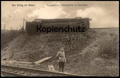 ALTE POSTKARTE KORSCHEN KORSZE OSTPREUSSEN ABGESTÜRZTE DAMPFLOK steam train locomotive à vapeur accident crash postcard