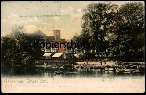 ALTE POSTKARTE GRUSS AUS DÜSSELDORF FISCHERHAUS AM SCHWANENSPIEGEL 1901 fishing house baraque de pecheur postcard cpa AK