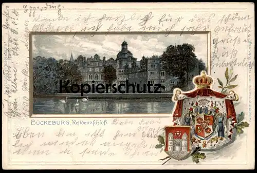ALTE PRÄGE POSTKARTE BÜCKEBURG SCHLOSS PRÄGEKARTE WAPPEN 1902 Residenzschloss castle gold embossed gaufrée coat of arms