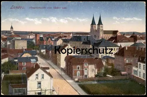 ALTE POSTKARTE LANDAU HAUPTANSICHT VON SÜDEN AUS 1927 REKLAME MILITÄR- UND CIVIL-SCHNEIDEREI SCHNEIDER Ansichtskarte AK