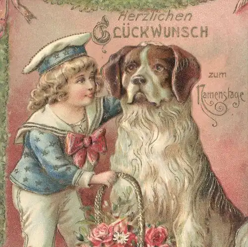 ALTE PRÄGE POSTKARTE BERNHARDINER 1908 Saint Bernard Matrose Hund dog chien Namenstag embossed cpa vergoldet