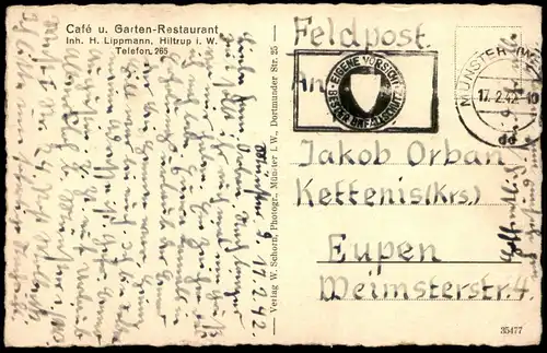 ALTE POSTKARTE MÜNSTER HILTRUP CAFÉ & RESTAURANT LIPPMANN STEMPEL FELDPOST 1942 Westfalen cpa postcard AK Ansichtskarte