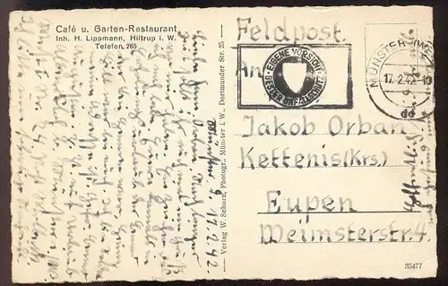 ALTE POSTKARTE MÜNSTER HILTRUP CAFÉ & RESTAURANT LIPPMANN STEMPEL FELDPOST 1942 Westfalen cpa postcard AK Ansichtskarte