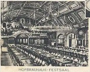 ALTE POSTKARTE GRUSS AUS MÜNCHEN WEISSWURST BIER IDYLL IM HOFBRÄUHAUSHOF FESTSAAL beer Ansichtskarte AK postcard cpa